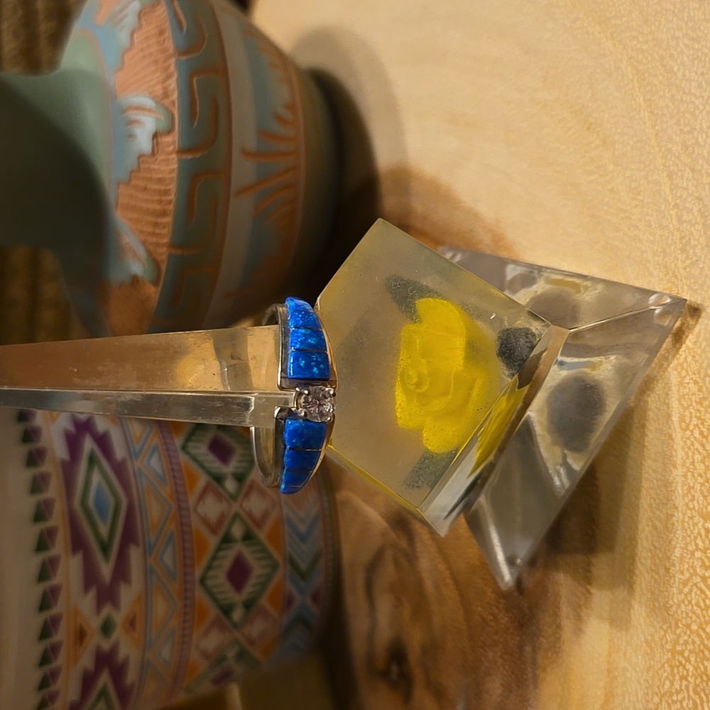 Sterling Silver Ring with Blue Opal Inlay and Glass Center Stone.